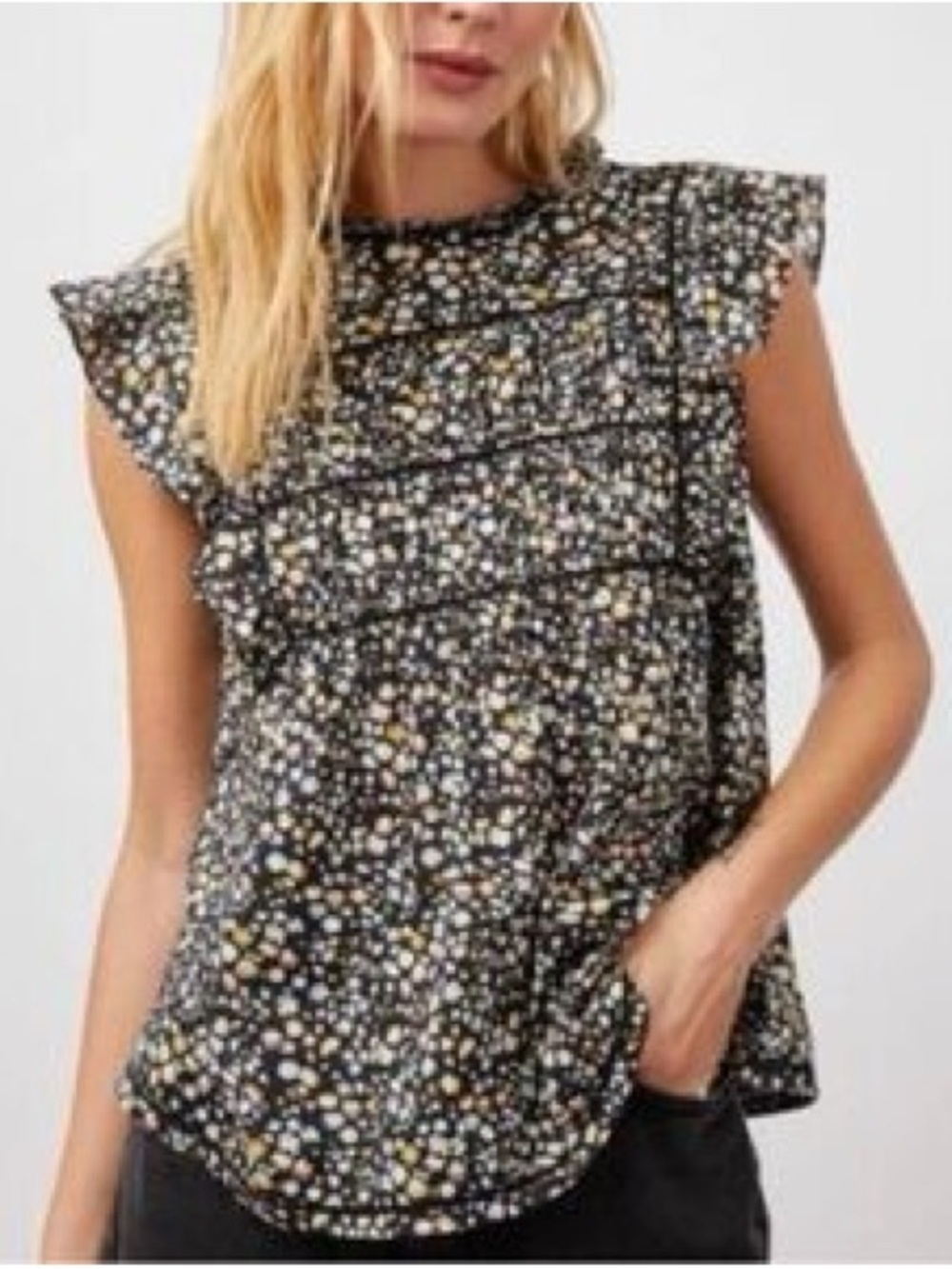 Rails Filomena Lace Inset Black Floral Pleated Flutter Cap Sleeve Top Womens XS